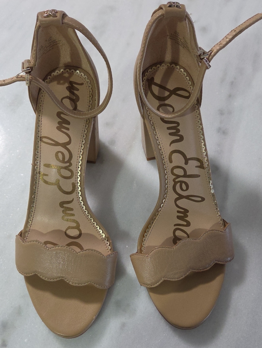 Sam Edelman Nude/Tan Scalloped Ankle-Strap Block Heel Sandals